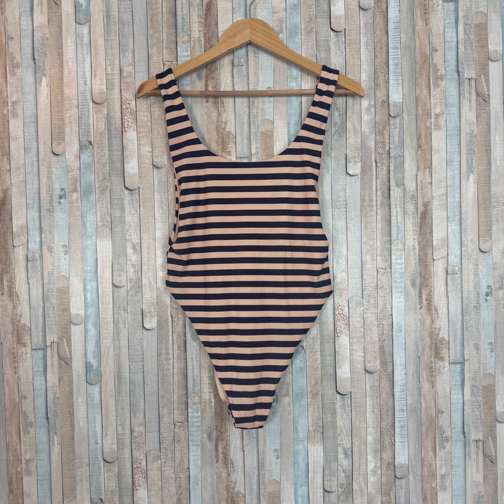 Aerie L Long Super Scoop One Piece Swimsuit Navy Blush Striped Low Back Maillot